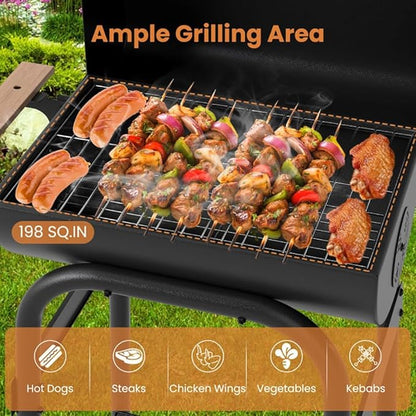 Gecheer Charcoal Grill, Barrel BBQ with Foldable Side Table, Thermostat, 24 Inch Portable Grill for Backyard, Patio, Camping and Tailgate Parties