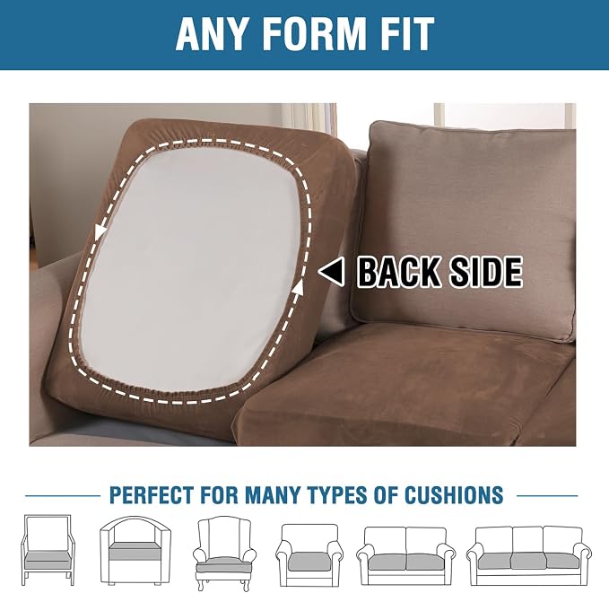 H.VERSAILTEX Velvet Stretch Couch Cushion Cover Plush Cushion Slipcover for Chair Loveseat Sofa Cushion Furniture Protector Seat Cushion Sofa Cover (2 Piece Large Sofa Cushion Covers, Caramel Cafe)