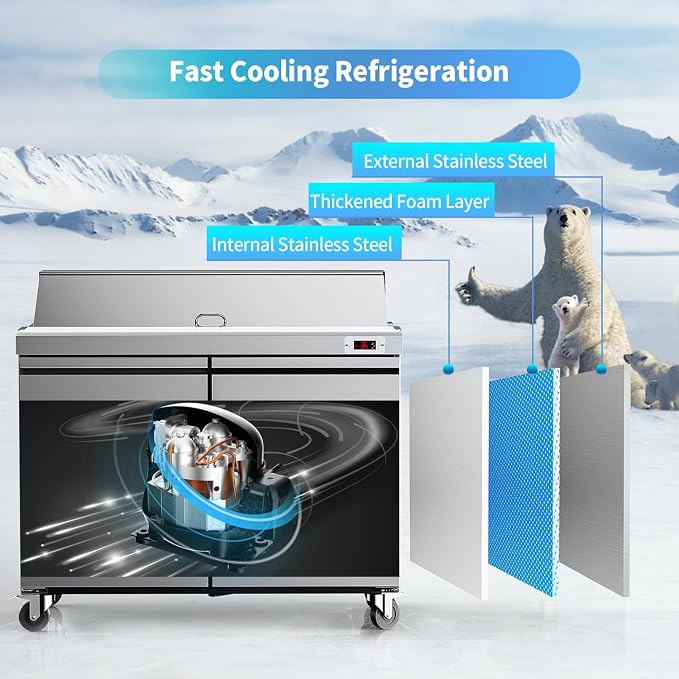 48" W Commercial Refrigerator Sandwich Salad Prep Table Refrigerator Stainless Steel with 12 Pans, Kitchen Equipment for Restaurant, Bar, Shop, Buffet, etc