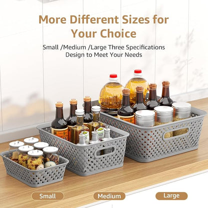 MaxGear 3 Pack Plastic Storage Baskets, Medium, Grey | Durable Woven Plastic with Built-In Handles, Suitable for Shelves, Closets, Cabinets, Bathrooms and Offices