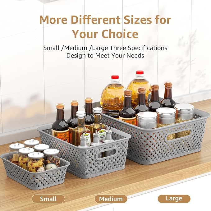 MaxGear 3 Pack Plastic Storage Baskets, Large, Grey | Durable Woven Plastic with Built-In Handles, Suitable for Shelves, Closets, Cabinets, Bathrooms and Offices