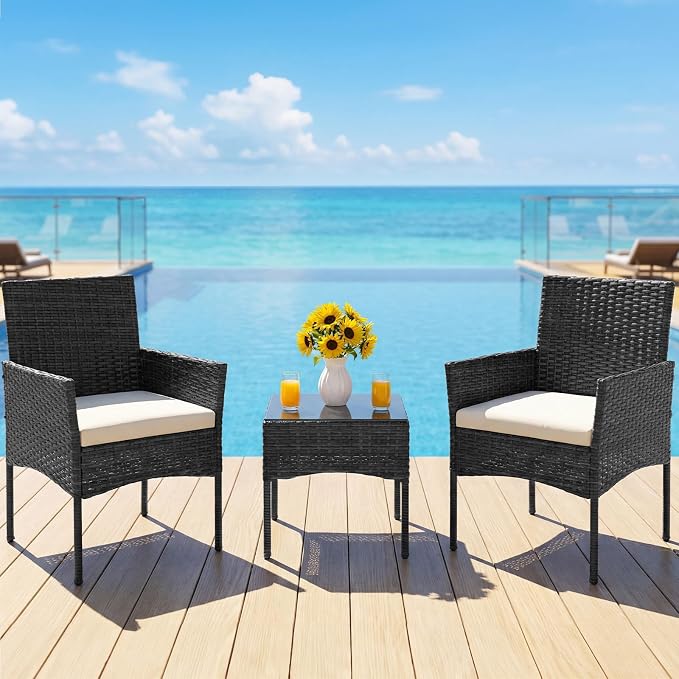 DUMOS 3-Piece Patio Furniture Set, Outdoor Wicker Bistro Set, Black | All-Weather Rattan Chairs, Removable Cushions, Tempered Glass Table, Small Conversation For Porch Balcony Lawn Backyard