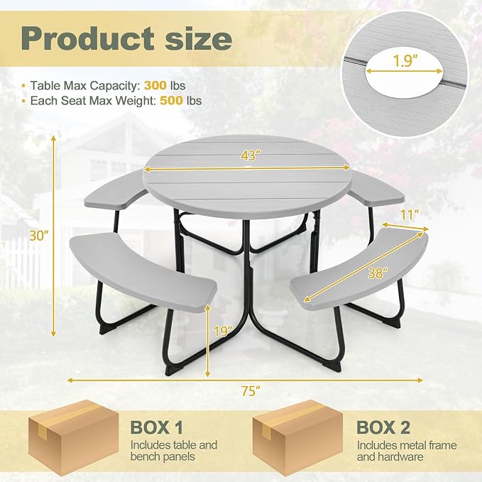 Tangkula 8 Person Picnic Table, Outdoor Round Picnic Table with 4 Built-in Benches, Umbrella Hole, Metal Frame & HDPE Tabletop, Outside Table and Bench Set for Backyard, 2300lbs Weight Capacity