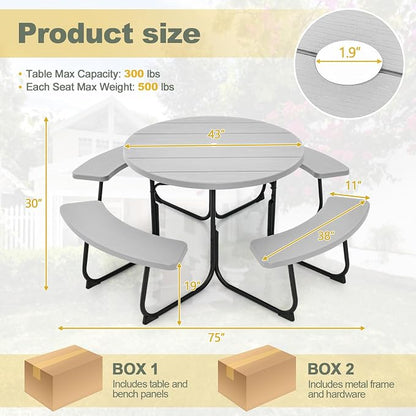 Tangkula 8 Person Picnic Table, Outdoor Round Picnic Table with 4 Built-in Benches, Umbrella Hole, Metal Frame & HDPE Tabletop, Outside Table and Bench Set for Backyard, 2300lbs Weight Capacity