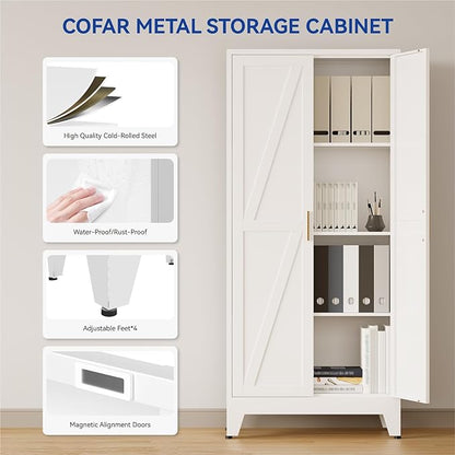 COFaR 61'' Tall Metal Storage Cabinet, Farmhouse Kitchen Pantry Cabinet with Doors and 3 Adjustable Shelves, White Metal Cabinets for Kitchen, Bathroom, Laundry, Garage, 4-Tier