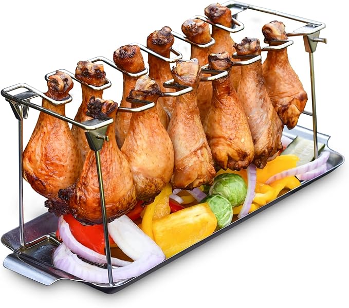 RTT Chicken Leg Rack for Grill with Drip Tray - Easy to Use 12 Slots Chicken Wing Rack - Premium Stainless Steel Chicken Drumstick Rack for Smoker - Chicken Drumstick Holder for Grill Accessories
