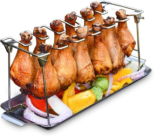 RTT Chicken Leg Rack for Grill with Drip Tray - Easy to Use 12 Slots Chicken Wing Rack - Premium Stainless Steel Chicken Drumstick Rack for Smoker - Chicken Drumstick Holder for Grill Accessories