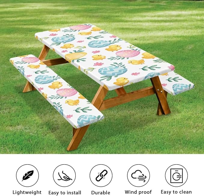 Easter Egg Chick Elastic Fitted Table Cloth for Camping Party Supplies 3 PCS Set Easter Outdoor Picnic Table Cover with Bench Covers