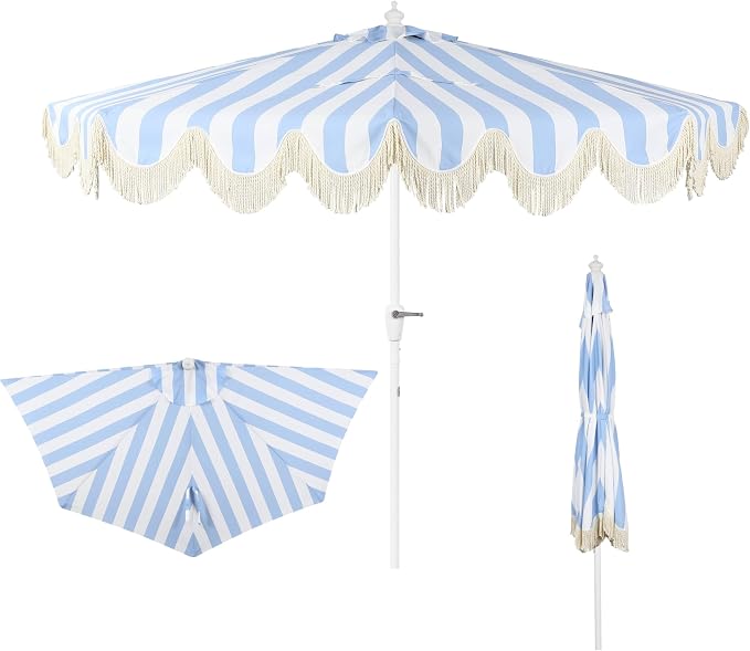 JONATHAN Y Beverly 9 ft. Striped Half Umbrella, Light Blue/White | Coastal Scalloped Fringe, Crank Lift, 30 Degree Manual Tilt, UV 50 Polyester Canopy, Aluminum Frame, Space Saving Design
