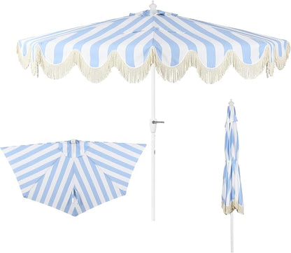 JONATHAN Y Beverly 9 ft. Striped Half Umbrella, Light Blue/White | Coastal Scalloped Fringe, Crank Lift, 30 Degree Manual Tilt, UV 50 Polyester Canopy, Aluminum Frame, Space Saving Design