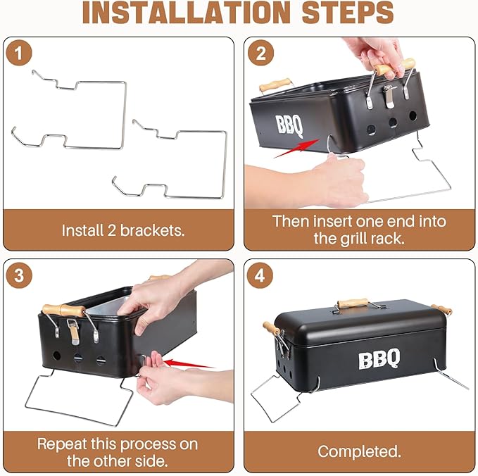 Portable Charcoal Grill 16.5" x 9", Tabletop BBQ Grill with Locking Lid & Wooden Handles for 2-4 People, Travel Size Ideal for Outdoor Camping Picnic, Easy Assembly