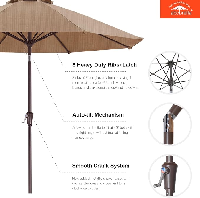 ABCCANOPY OLEFIN® 5-Year No Fading 9FT Outdoor Patio Umbrella(Brown Stripe) | Fade & UV Resistant Fabric,8 Fiberglass Ribs，Wind Vent，Crank Lift & Tilt,Outdoor Table Umbrella for Deck,Backyard,Yard