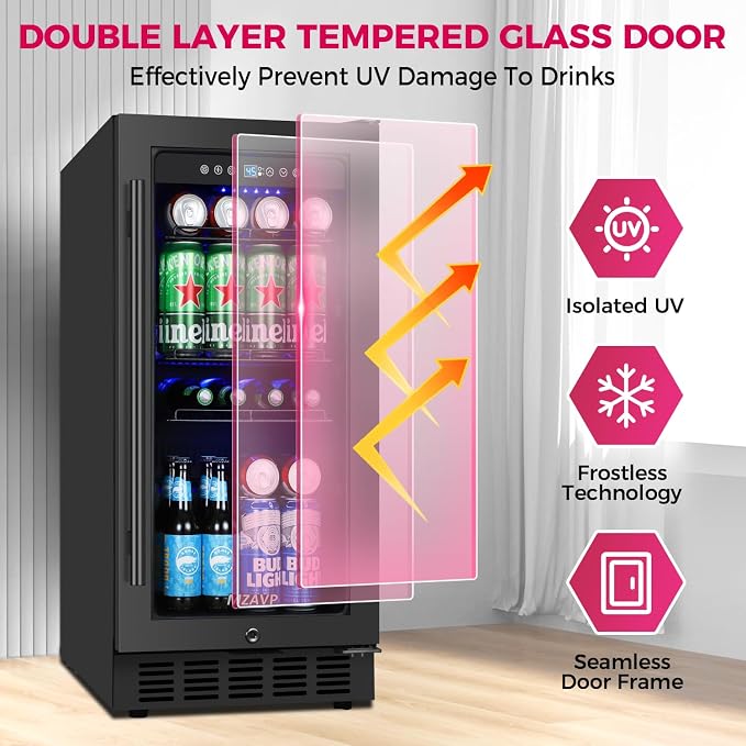 15 Inch Beverage Cooler Refrigerator, 15" Beverage Cooler Under Counter 130 Cans Beverage Fridge with Glass Door, Freestanding or Built-In Mini Drinks Fridge with Lock for Soda, Beer, Black