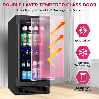 15 Inch Beverage Cooler Refrigerator, 15" Beverage Cooler Under Counter 130 Cans Beverage Fridge with Glass Door, Freestanding or Built-In Mini Drinks Fridge with Lock for Soda, Beer, Black
