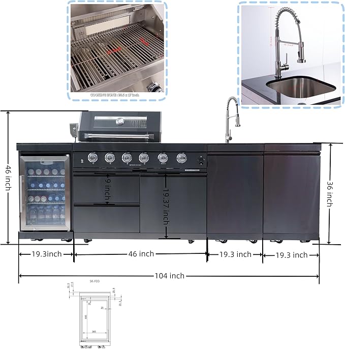 104" Natural Gas Outdoor Kitchen Island - 46-Inch 4-Burner 72,000 BTU Deluxe Stainless Steel Grill Wine Cooler Compact Refrigerator Rotisserie Granite Countertops Stainless steel Sink,Black
