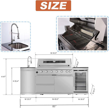 Outdoor Kitchen Island 85" 6-Burner 85000 BTU Deluxe Modular BBQ Island - Grill Islands w/Wine Cooler, Built in Combo Outside Island + Rotisserie & Granite Top Outdoor Grill