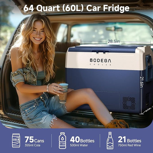 BODEGA 64QT 12 Volt Car Refrigerator Portable Single Zone With Wheels | Shockproof，Bluetooth Control, -4℉-68℉ ,12/24V DC&100-240V AC,H/M/L Battery protection,ECO&MAX MODE,LED Light,anti shack
