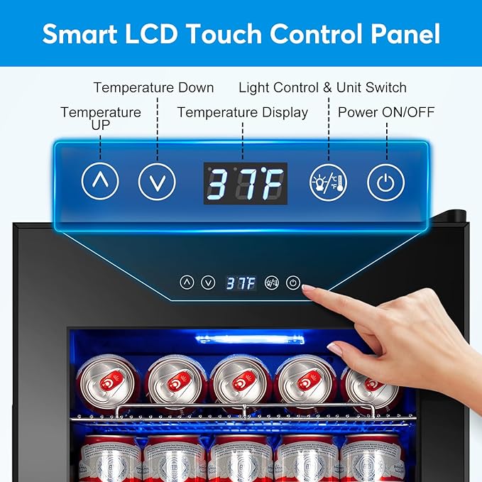 FoMup Beverage Refrigerator 17 inch Wide - 126 Can Beverage Cooler with Glass Door | Counter Top/Freestanding Mini Beverage Beer Fridge | Temperature Memory | Invisible Door | Perfect for Soda, Beer