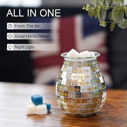 Dicimi Pumpkin Wax Melt Warmer, Handmade Mosaic Glass Wax Warmer with Flameless Night Light, Fast Heating Fall Harvest Decor, Cozy Home Ambiance