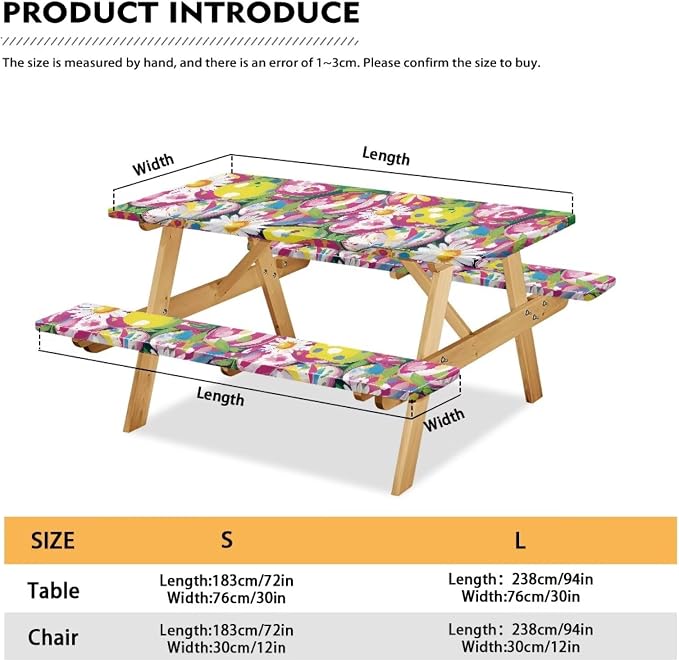 3 PCS Fitted Picnic Table Cover with Bench Cover Fitted Rectangle Tables and Seats Easter Egg Daisy Outdoor Picnic Table Cover for Camping