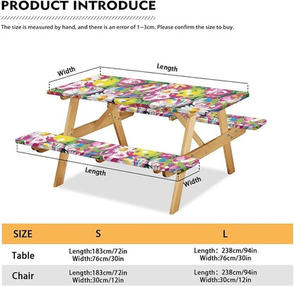 3 PCS Fitted Picnic Table Cover with Bench Cover Fitted Rectangle Tables and Seats Easter Egg Daisy Outdoor Picnic Table Cover for Camping