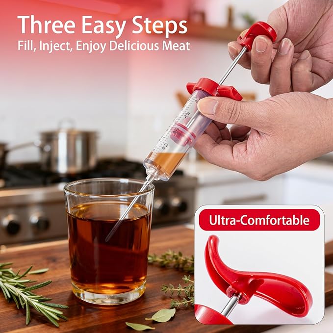 Meat Butter Injector Syringe, 1-oz Plastic Marinade Turkey Injector Kit, with 3 Stainless Steel Meat Needles, 1 Cleaning Brush and Replacement O Ring, Dual Scale (ml/oz), for Turkey, BBQ Grill Smoker