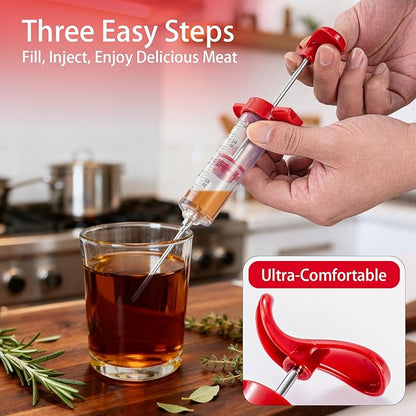 Meat Butter Injector Syringe, 1-oz Plastic Marinade Turkey Injector Kit, with 3 Stainless Steel Meat Needles, 1 Cleaning Brush and Replacement O Ring, Dual Scale (ml/oz), for Turkey, BBQ Grill Smoker