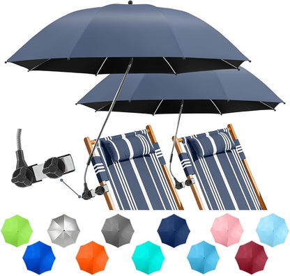 2 PACK Beach Umbrella with Clamp, 360 ° Adjustable Umbrellas for Chair, UPF50+ Umbrella for Beach Chair, Patio Chair, Wheelchair, Camping Chair, Golf Carts (Chair Not Included)