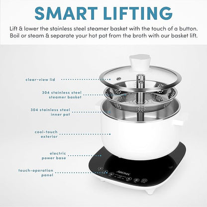 Aroma Housewares 2.5-Liter Smart Electric Hot Pot & Rapid Boil Steamer with Automatic Stainless Steel Steamer Basket Lift, White, ASP-700