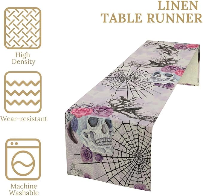 Halloween Table Runner Purple Skeleton Spider Web Ravens Gothic Spooky Runner Kitchen Dinning Decor for Indoor Outdoor Holiday Home Wedding Party 13x36 Inch