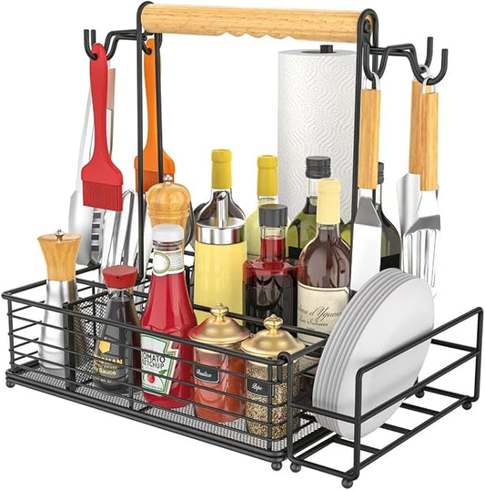 Toncoke Large Grill Caddy with Paper Towel Holder & Side Hooks, All-in-One BBQ Tool Organizer with Adjustable Dividers, Rustproof for Outdoor Kitchen, Camping, RV - Black