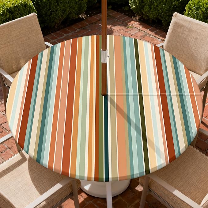 Outdoor Tablecloth with Umbrella Hole and Zipper Fits 37-44" Tables | Waterproof Round Fitted Tablecloth with Elastic Edge, Wipeable Outdoor Table Cover for Patio, Garden, Picnic