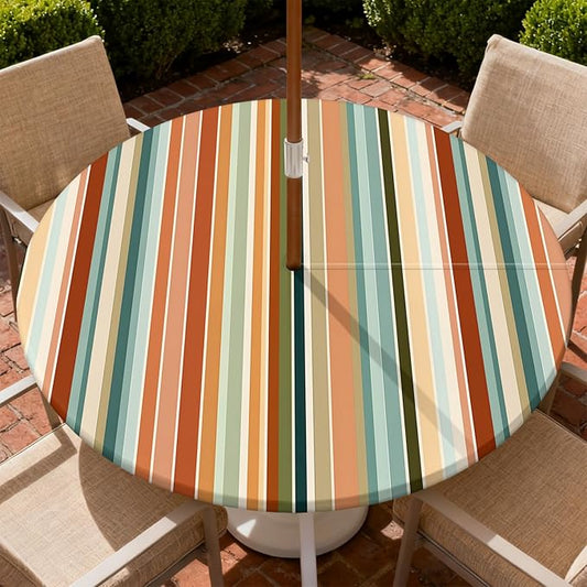 Outdoor Tablecloth with Umbrella Hole and Zipper Fits 45-48" Tables | Waterproof Round Fitted Tablecloth with Elastic Edge, Wipeable Outdoor Table Cover for Patio, Garden, Picnic