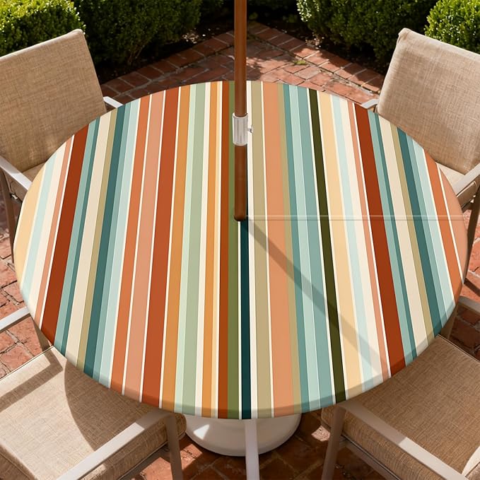 Outdoor Tablecloth with Umbrella Hole and Zipper Fits 61-65" Tables | Waterproof Round Fitted Tablecloth with Elastic Edge, Wipeable Outdoor Table Cover for Patio, Garden, Picnic