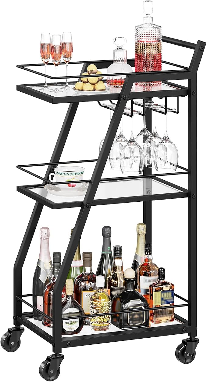 Bar Cart, 3-Tier Home Bar Serving Cart with Wheels, Drink Cart with Glass Holder, Beverage Cart, Rolling Kitchen Cart, for Home, Living Room, Transparent and Black BC03BK