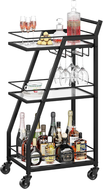 Bar Cart, 3-Tier Home Bar Serving Cart with Wheels, Drink Cart with Glass Holder, Beverage Cart, Rolling Kitchen Cart, for Home, Living Room, Transparent and Black BC03BK