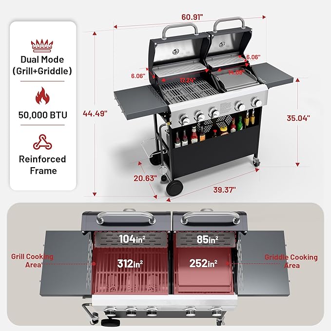 Propane Gas Grill and Griddle Combo for Outdoor Cooking, 5 Burners, Porcelain-Enameled Cast Iron Grate & Cast Iron Fry Pan, Foldable Side Shelves, Dual BBQ Grill for Patio, Backyard, Camping