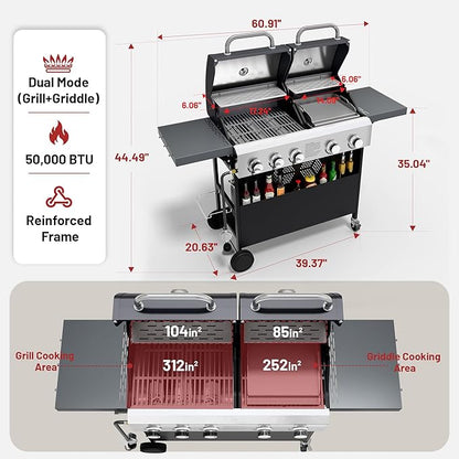 Propane Gas Grill and Griddle Combo for Outdoor Cooking, 5 Burners, Porcelain-Enameled Cast Iron Grate & Cast Iron Fry Pan, Foldable Side Shelves, Dual BBQ Grill for Patio, Backyard, Camping