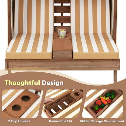 Kids Lounge Chair Outdoor, 2-Seat Toddler Patio Chair with Cushions, Cup Holders, Detachable Canopy, Wooden Double Chaise Lounge for Lawn, Pool, Garden, and Yard (Coffee)