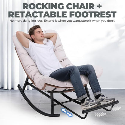 COMHOMA Outdoor Rocking Papasan Chair, Oversized Wicker Patio Rocker, Indoor Comfy Wicker Reading Lounge, Bed-Like Comfort Egg Chair for Bedroom,Balcony, Porch, Garden, Beige