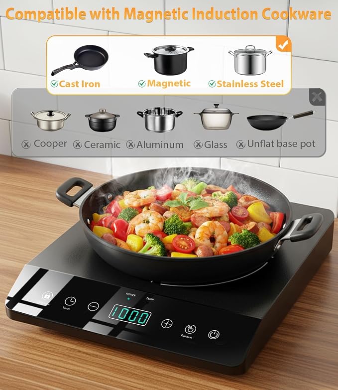 Portable Induction Cooktop Single Burner 1800W, Touch Control Plug in | ETL-Certified, 3 Hour Timer, 12 Temp From 140℉ to 465℉, Child Lock, Portable Countertop 110V Plug Design for Kitchen RV Dorm