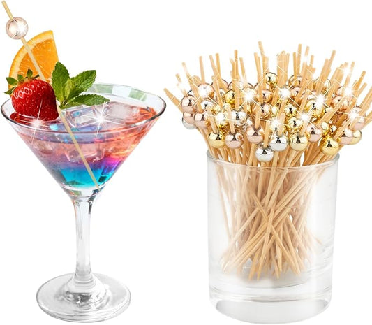 100 Counts Cocktail Picks, Fancy Toothpicks for Appetizers, Tricolor Pearl Food Picks Wooden Sticks for Party Supplies - 4.7 Inch (Gold, Champagne gold, Silver, Total 100)