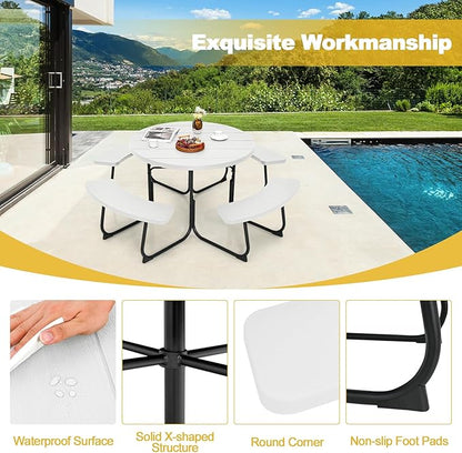Tangkula 8 Person Picnic Table, Outdoor Round Picnic Table with 4 Built-in Benches, Umbrella Hole, Metal Frame & HDPE Tabletop, Outside Table and Bench Set for Backyard, 2300lbs Weight Capacity