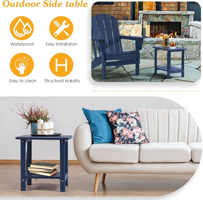 Apolimi Adirondack Outdoor Side Table, 2-Tier Sturdy Patio End Table Weather Resistant, 16.5" Solid Side Table for Patio, Pool, Porch(Navy Blue)