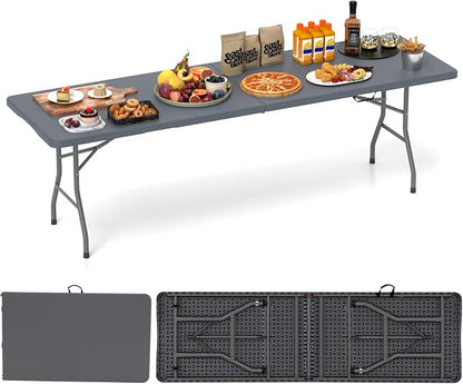 Tangkula 8 FT Folding Table, Indoor Outdoor Foldable Plastic Table | HDPE Tabletop, Sturdy Metal Fame, Carrying Handle, Heavy Duty, Portable ,Fold-in-Half, for Picnic, Camping, BBQ, Party