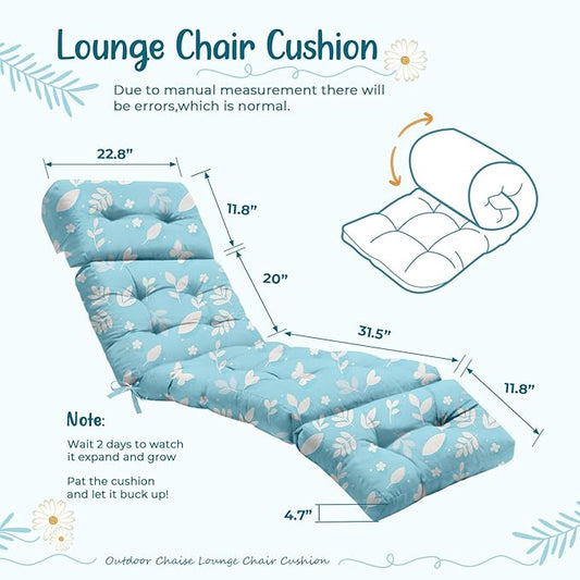 Outdoor Chaise Lounge Chair Cushion 75.1 x 22.8 x 4.7 Inches 100% Waterproof Replacement Cotton Patio Pool Lounge Chair Cushion for Outdoor Furniture with Ties, Blue Butterfly