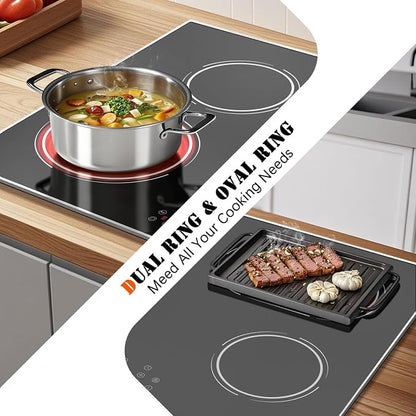 Electric Cooktop 30 Inch 4 Burner, 6600W No Plug | 30 Inches Ceramic Stovetop Built-in with Dual & Expanded Ring, 99-Min Timer, Safety Lock, 220V - 240V Hard Wired