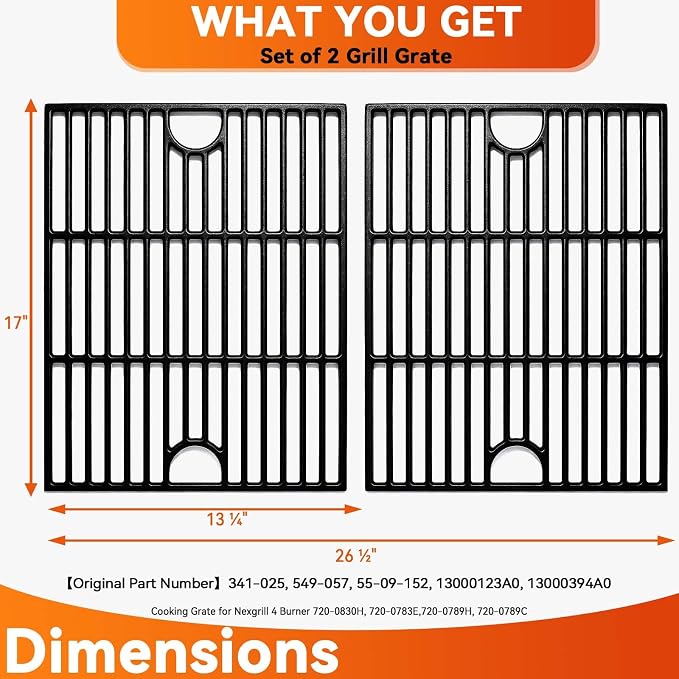 17 Inch Grill Grate for Nexgrill 4 Burner 720-0830H 720-0670A 720-0783E 720-0958A 5 Burner 720-0888N, Cast Iron Cooking Grids for Kenmore 415.16106210 Expert Grill 720-0789H 720-0789C Replacement Part