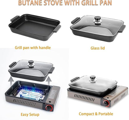 Portable Propane Gas Stove with Grill Pan and Lid | Butane Camping Stove Instant Ignition for Patio Backyard Home Cooking Camping RV Tailgating Emergency Use, GS349