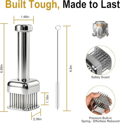 Meat Tenderizer Tool, 304 Stainless Steel, with 28 Needles & Retractable Safety Guard, Square Head Covers More Surface for Beef Steak Chicken Turkey, Dishwasher Safe